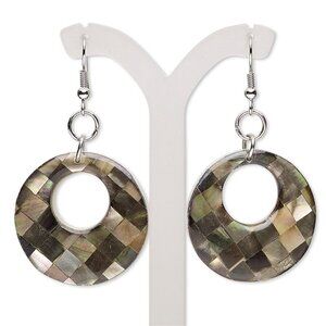 Handcrafted Natural Organic Black Lip Shell Checkered Gogo Pendant Earrings